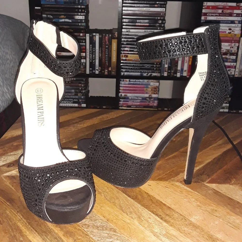 SOLD DREAM PAIRS Black Pearl Shine Swan Platform Pump Peep Toe High Heels - 5 in - Picture 11 of 16